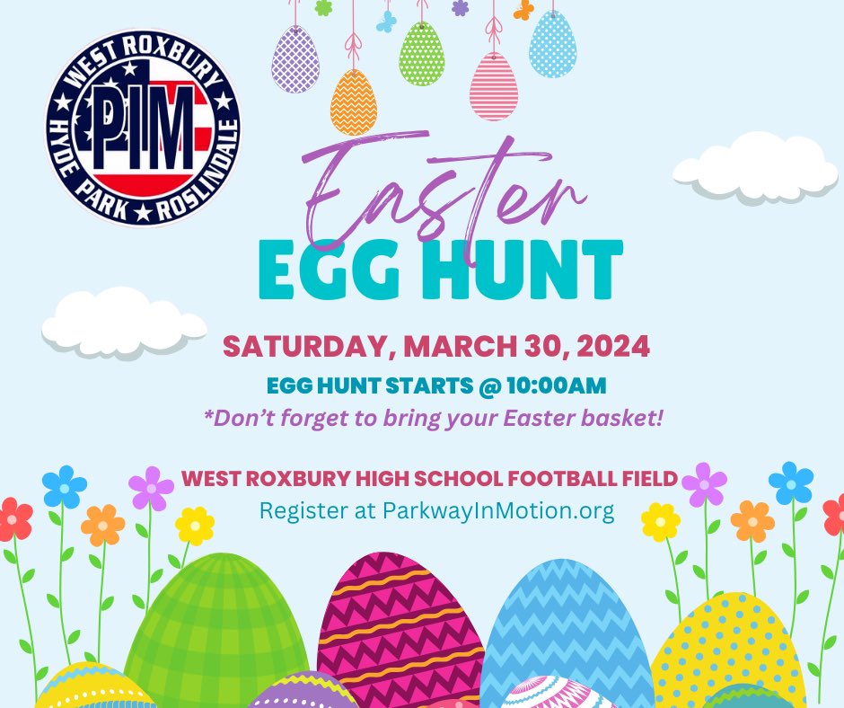 Saturday, March 30, 2024 9:30-11:00am
Join us from 9:30am to 11:00am at the West Roxbury High School Football field for an egg hunt, music, refreshments, and a visit from the Easter Bunny! 

The egg hunt will start promptly at 10:00am. Don’t forget to bring your Easter basket!
