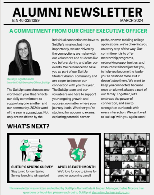 Our monthly Student Alumni Newsletter is officially here! Curious about the latest going on at SuitUp to engage our students beyond their 1-day event? Check out the link below! #volunteerSuitUp