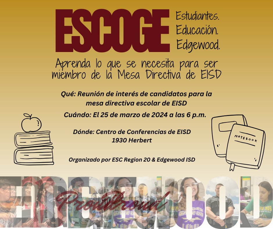 Interested in serving Edgewood ISD? Here is your chance to learn more about running for the EISD Board of Trustees. Informational meeting: 📆 Monday, March 25, 6 p.m. 📍 EISD District Conference Center, 1930 Herbert Ln