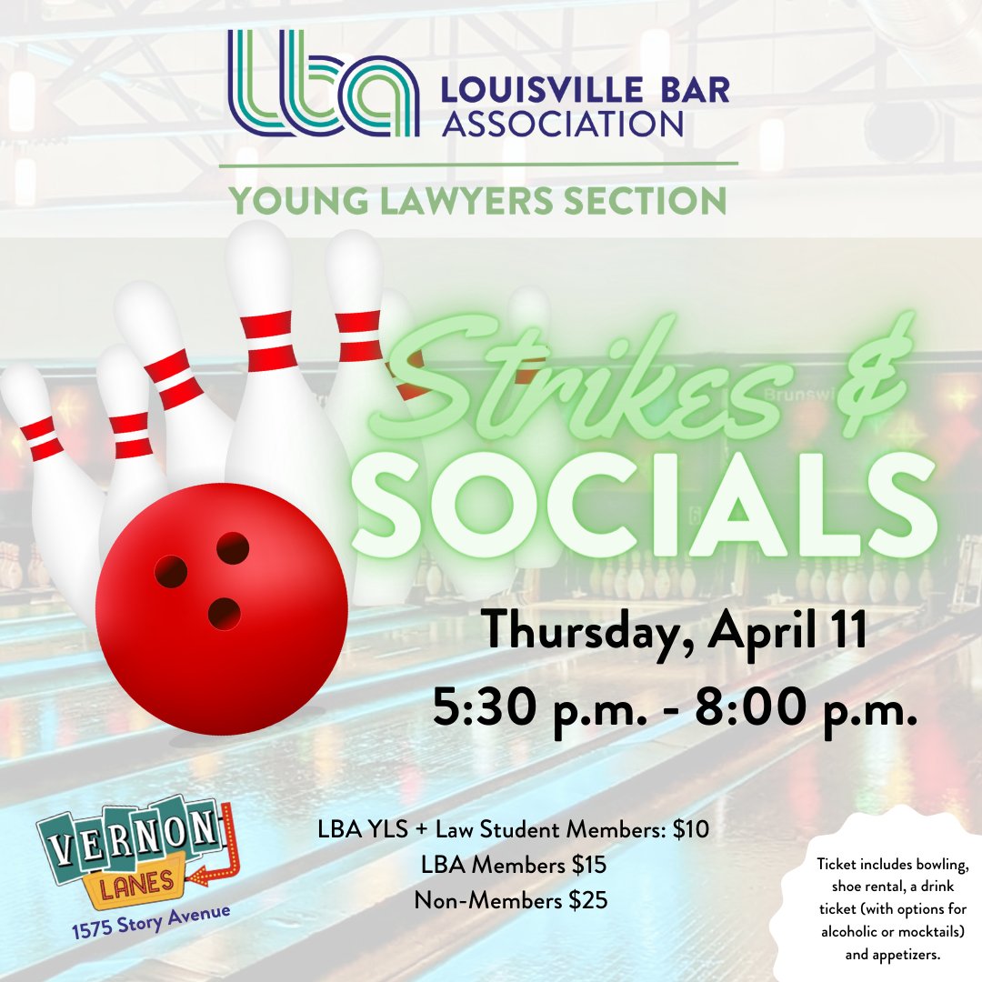 Join us for an evening of strikes, spares and socializing at our Young Lawyers Section Strikes &amp; Socials: Bowling Night! 

Your ticket includes all you need for a fantastic night out: bowling, shoe rental, a drink ticket and appetizers.

Register now: bit.ly/3TpWQWW