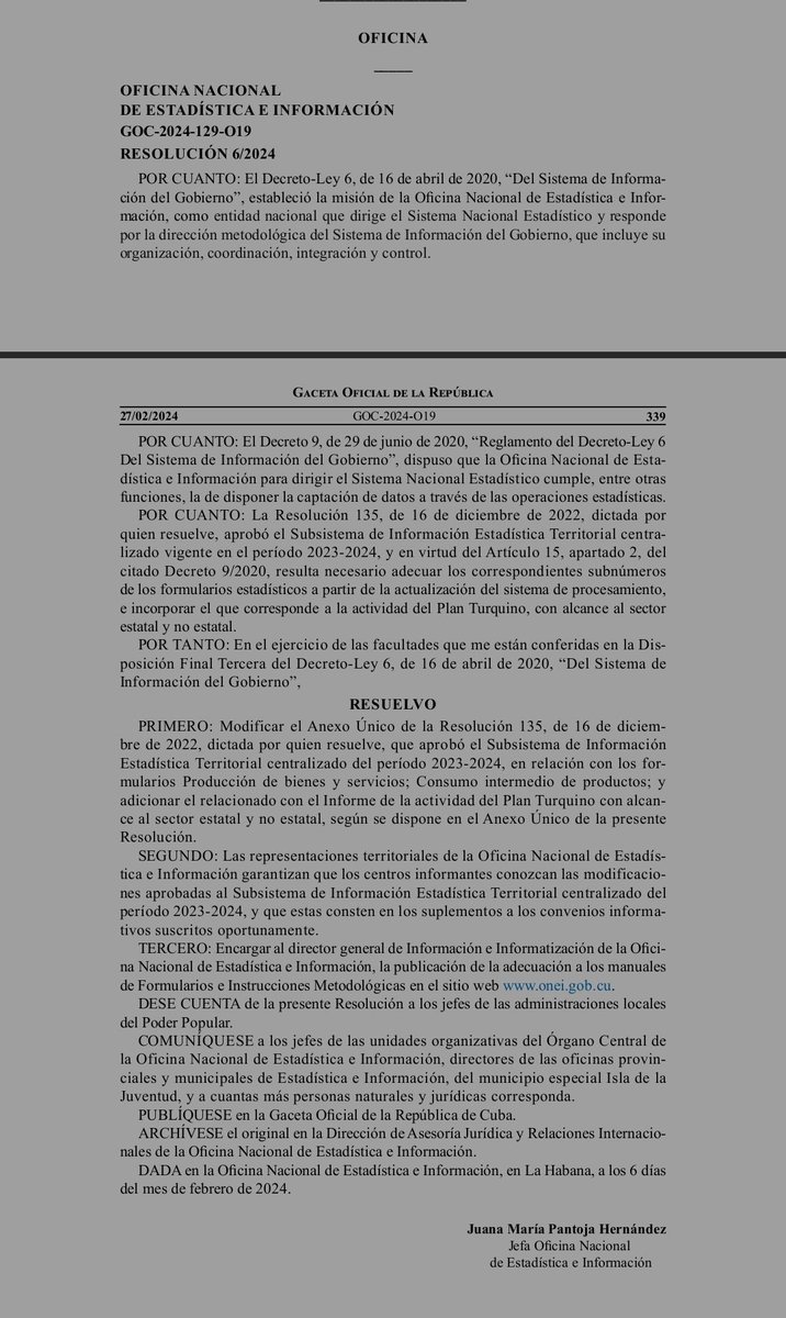 📢 La Resolución 135 del Subsistema de Información Estadística Territorial (#SIET) 2023-2024 fue modificada. Los cambios se pueden encontrar en la Resolución 6/2024. 👉🏻Para más información acceda a esta actualización, a través del siguiente enlace: onei.gob.cu/node/1636