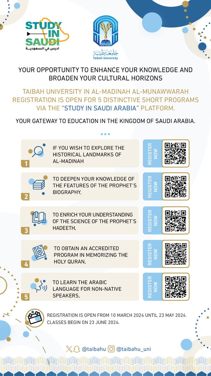 taibahu's tweet photo. الآن عبر #أدرس_في_السعودية 
#جامعة_طيبة تتيح التسجيل في 5 برامج قصيرة مميزة حتى 23 مايو 2024. 

🗓️ تبدأ الدراسة في 23 يونيو 2024

Taibah University has now opened registration via the #Study_in_Saudi platform for 5 distinctive short programs  until May 23, 2024.

🗓️ Classes start  on June 23, 2024