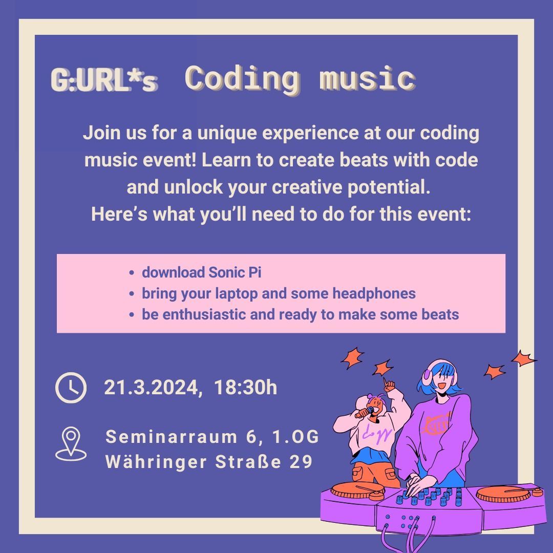 StV_Inf_Univie's tweet photo. Do you like coding? Do you like music? Let's combine those skills at our Coding Music Event, where you will learn how to create great songs and beats. You'll only need to download Sonic Pi – we'll teach you everything else.

Info: https://t.co/So3hLrDFgf https://t.co/DGdMqQCyga
