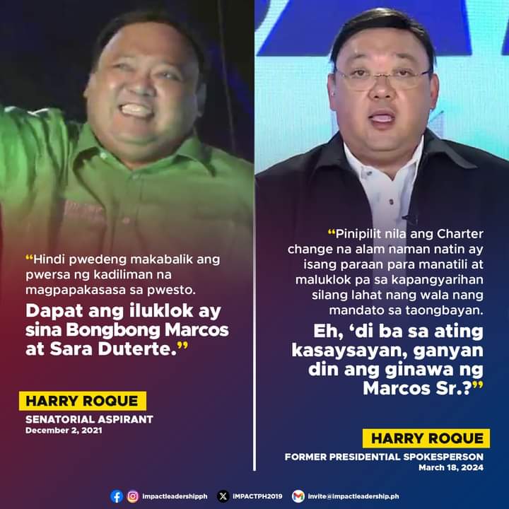 iMPACTPH2019's tweet photo. ROQUE VS. ROQUE...AGAIN

Former human rights lawyer Harry Roque condemns attempts at Charter change as a means for those in power to cling to their positions without a mandate from the people. https://t.co/HogdSS48sc