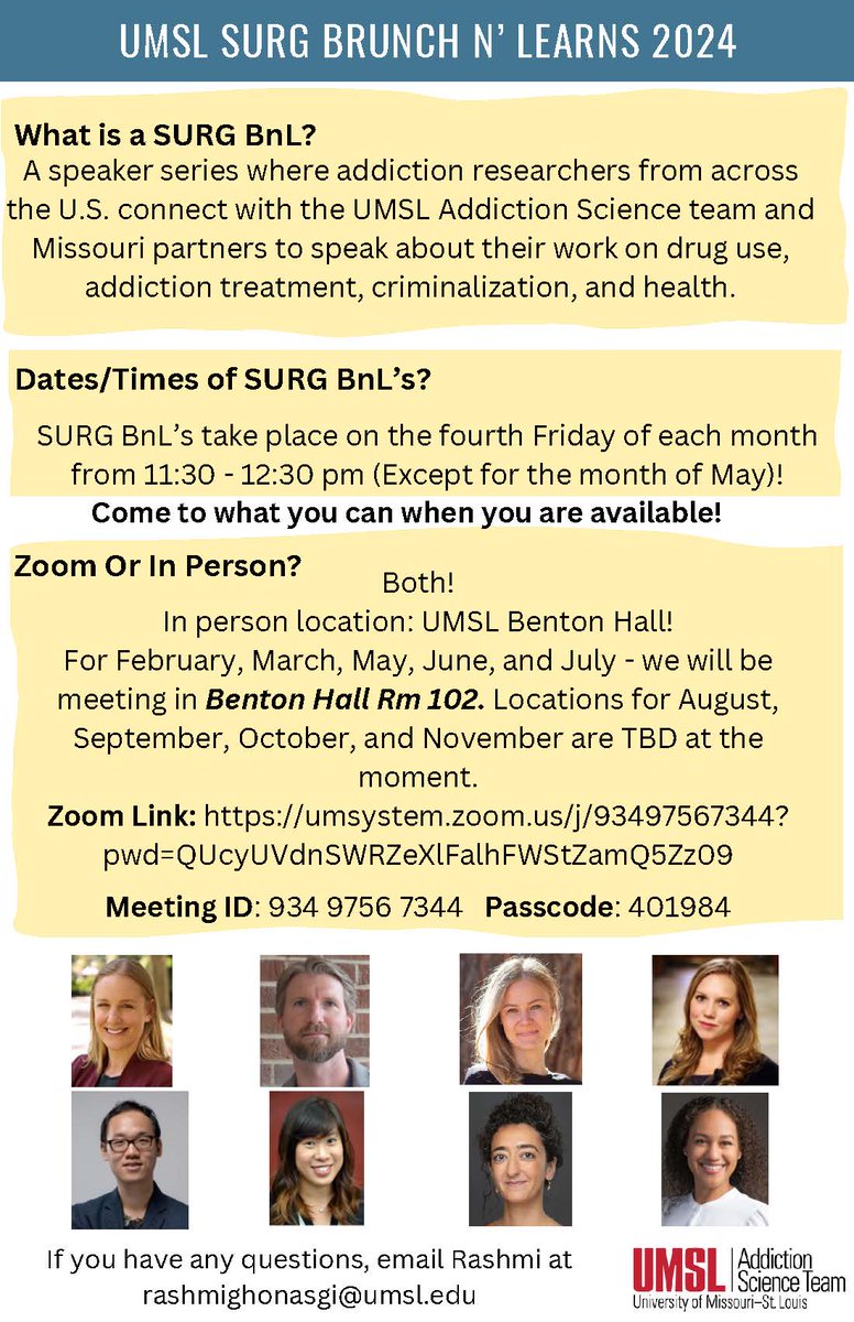 The UMSL-MIMH AddSci team has put together a speaker series to hear about the work of addiction and public health researchers from around the US! If you’re interested in attending any (or all of these talks), please see the attached flier for time/place/attendance information!