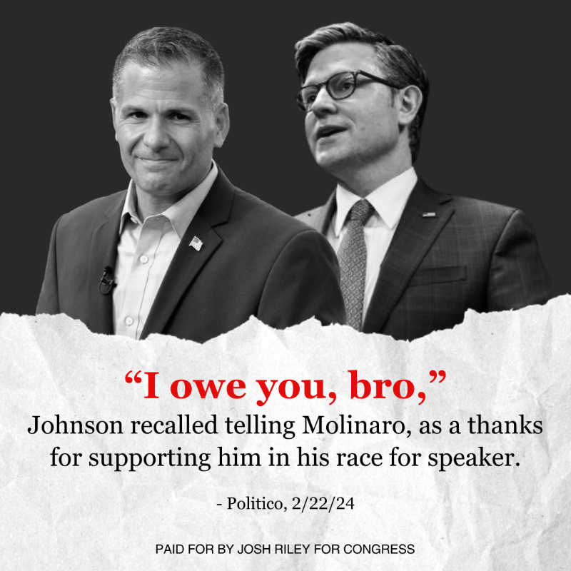 JoshRileyUE's tweet photo. Marc Molinaro fought so hard to make Mike Johnson Speaker of the House that Johnson told him “I owe you, bro.” Now Johnson is paying Molinaro back by funneling thousands of dollars into his campaign.

Will you donate today to help us retire Mike &amp; Marc and take back the House?