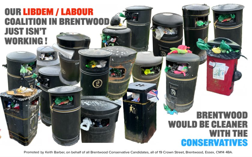 BwdOngarTories's tweet photo. The LibDem and Labour coalition running our council can’t even be trusted to oversee the emptying of litter bins across our Borough. Just some of the bins that were recently full to bursting across Brentwood. #NeverLibDem #NeverLabour #BrentwoodDeservesBetter #VoteConservative https://t.co/OkZNIOxg7K