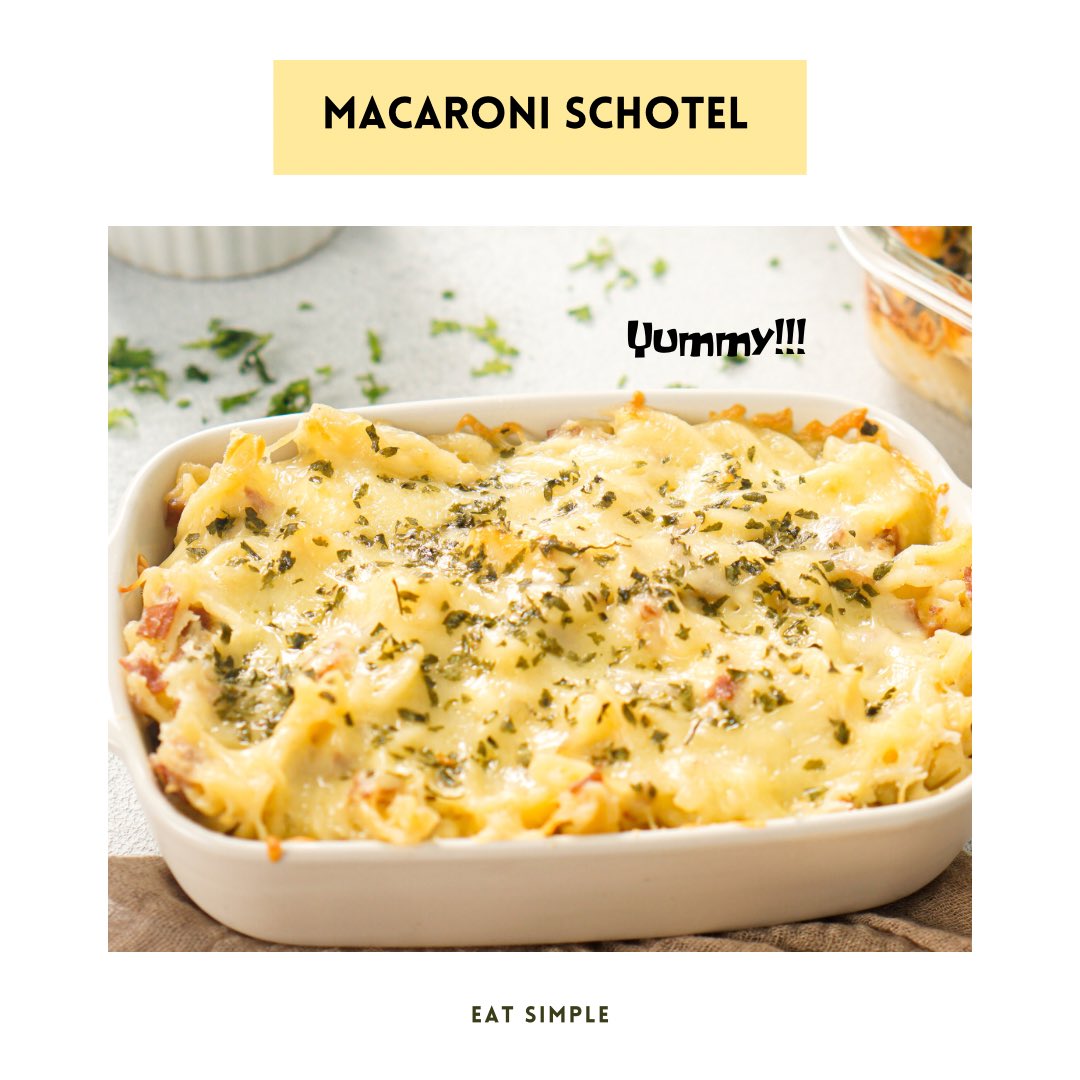 eatsimple_x's tweet photo. Resep Macaroni Schotel 🥧🧀

Bahan:

- 200 gram macaroni
- 250 gram daging sapi cincang (opsional)
- 1 bawang bombay, cincang halus
- 2 siung bawang putih, cincang halus
- 1 wortel, dipotong dadu kecil
- 100 gram keju cheddar parut
- 2 butir telur
- 200 ml susu cair
- 2 sendok makan tepung terigu
- 2 sendok makan mentega
- Garam dan merica secukupnya
- Parsley secukupnya 
- Minyak sayur untuk menumis

Cara membuat:

1. Rebus macaroni hingga matang sesuai petunjuk pada kemasan. Tiriskan.

2. Panaskan mentega dan minyak sayur di dalam wajan. Tumis bawang bombay dan bawang putih hingga harum.

3. Masukkan daging sapi cincang, tumis hingga berubah warna.

4. Tambahkan wortel, aduk hingga wortel menjadi sedikit lunak.

5. Bubuhi dengan garam dan merica secukupnya. Aduk dan angkat dari api, sisihkan.

6. Dalam mangkuk terpisah, kocok telur dan susu cair hingga tercampur rata. Tambahkan tepung terigu, aduk hingga mengental tidak bergerindil.

7. Campurkan macaroni yang telah direbus, campuran daging sapi, setengah bagian keju cheddar parut, dan setengah adonan telur dan susu lalu aduk rata. Tata sesuai selera ke dalam loyang yang telah diolesi mentega. Lalu tambahkan sisa adonan telur dan susu diatasnya.

9. Taburkan sisa keju cheddar parut dan parsley sesuai selera di atas permukaan macaroni.

10. Panggang dalam oven yang sudah dipanaskan pada suhu 180°C selama 25-30 menit atau hingga permukaan keju kecokelatan. (Tingkat kematangan sesuai selera)

11. Setelah matang, angkat dan biarkan sebentar sebelum dimakan. Sajikan dengan saus tomat atau saus pedas. Selamat mencoba!

Thanks 𝕏 #eatsimple