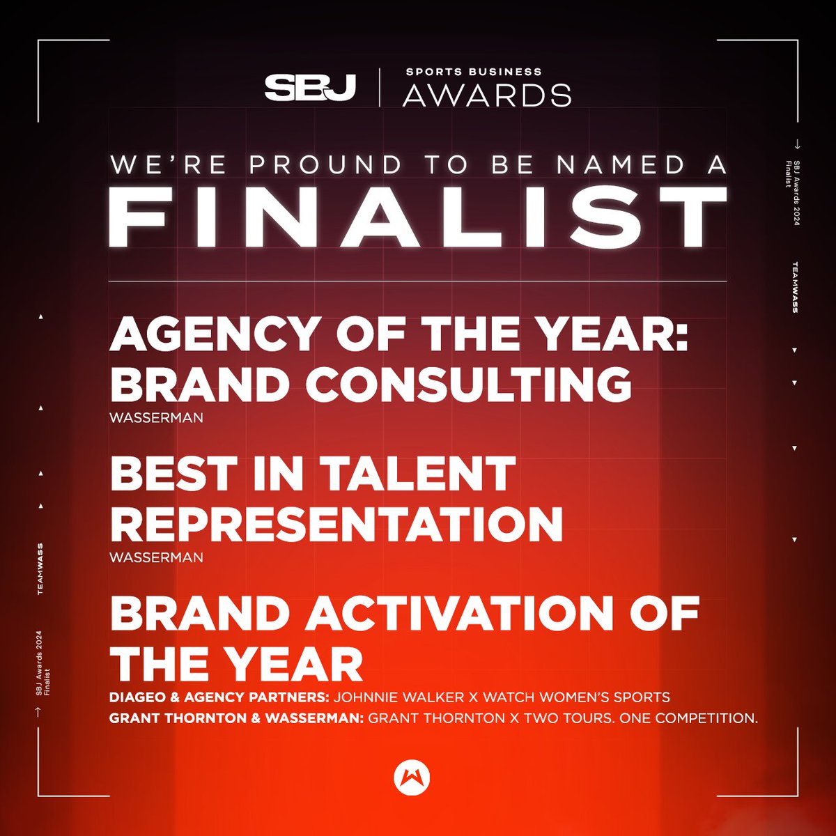 Wasserman on X: We're honored to be named a finalist for the 2024 Sports  Business Awards in three categories - Agency of the Year: Brand Consulting,  Best in Talent Representation and Brand