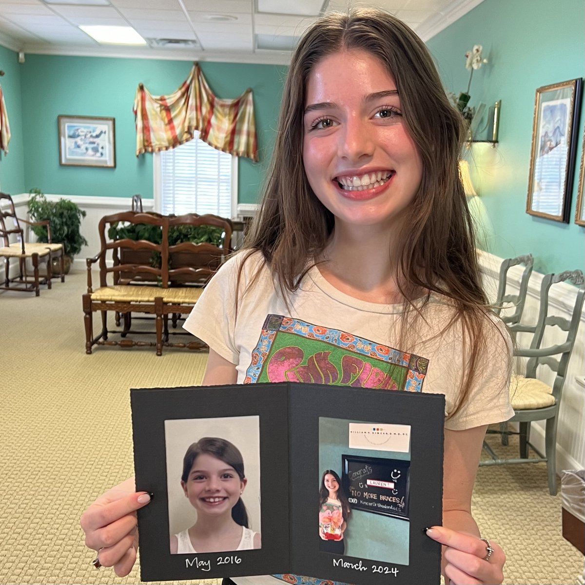 YAY!!! Congratulations to Lauren! After TWO phases of orthodontic treatment, she's DONE! We love your smile and will miss see you at the office! #KincerOrthodontics #ByeByeBraces #Congratulations
