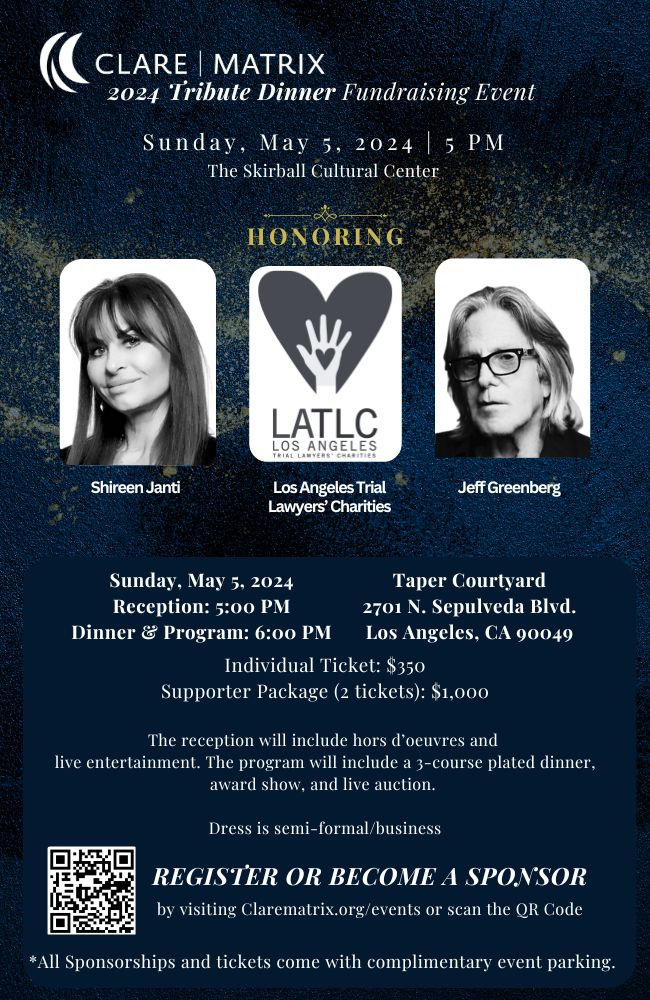 Join us on May 5, 2024 for the CLARE MATRIX Tribute Dinner Fundraiser, at the Skirball Cultural Center in LA! Individual tickets: $350, or opt for our Contributor Package for $1,000 (includes 2 tickets + digital ad placement).  #CLAREMATRIX #TributeDinner