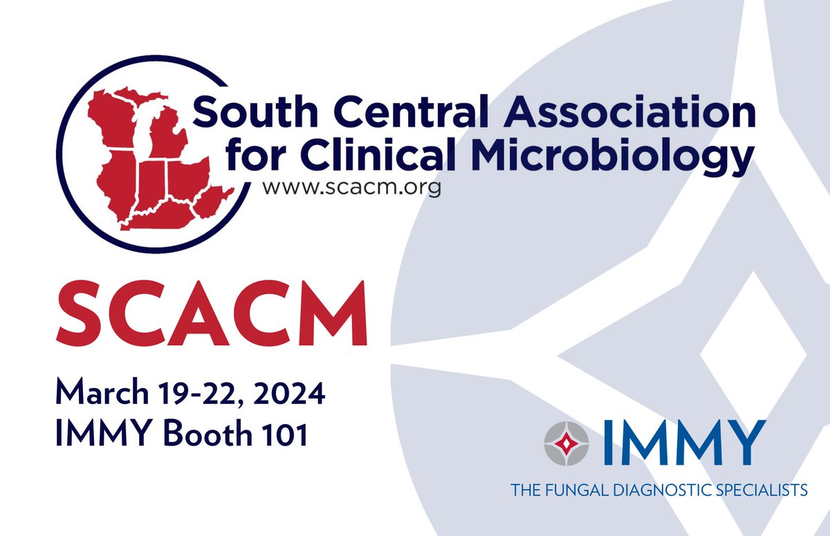 IMMYdiagnostics's tweet image. Exciting news for all attendees of SCACM! 📢

Join us at Booth 101 on Wednesday, March 20th, where IMMY representatives Chris Bryant and Robyn Crow will be showcasing our range of rapid, accurate fungal diagnostics! 🍄

#SCACM #ClinicalMicrobiology