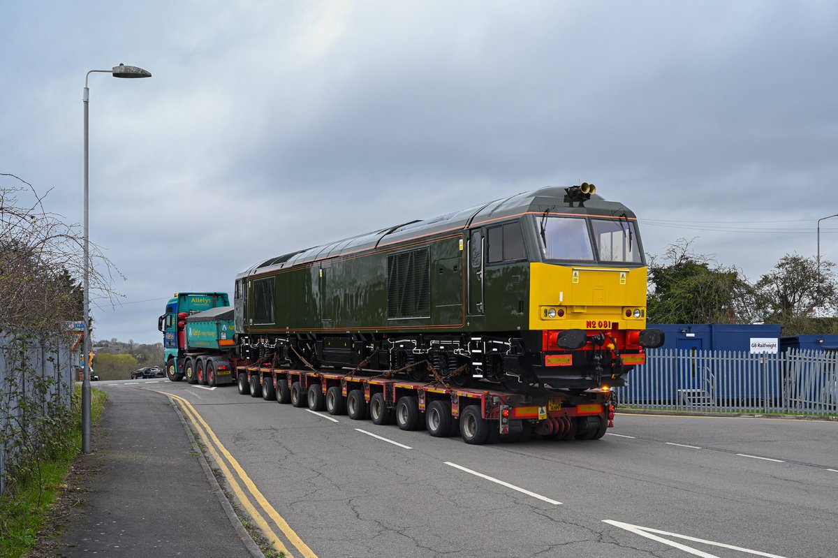 Cosmetically restored 60081 is seen leaving Toton Yard at lunchtime today on the back of an Allelys low loader, heading south to Margate, Kent for display at the 'One:One' museum which is owned by Locomotive Storage, a subsidiary of Locomotive Services Ltd. @LocoServicesGrp