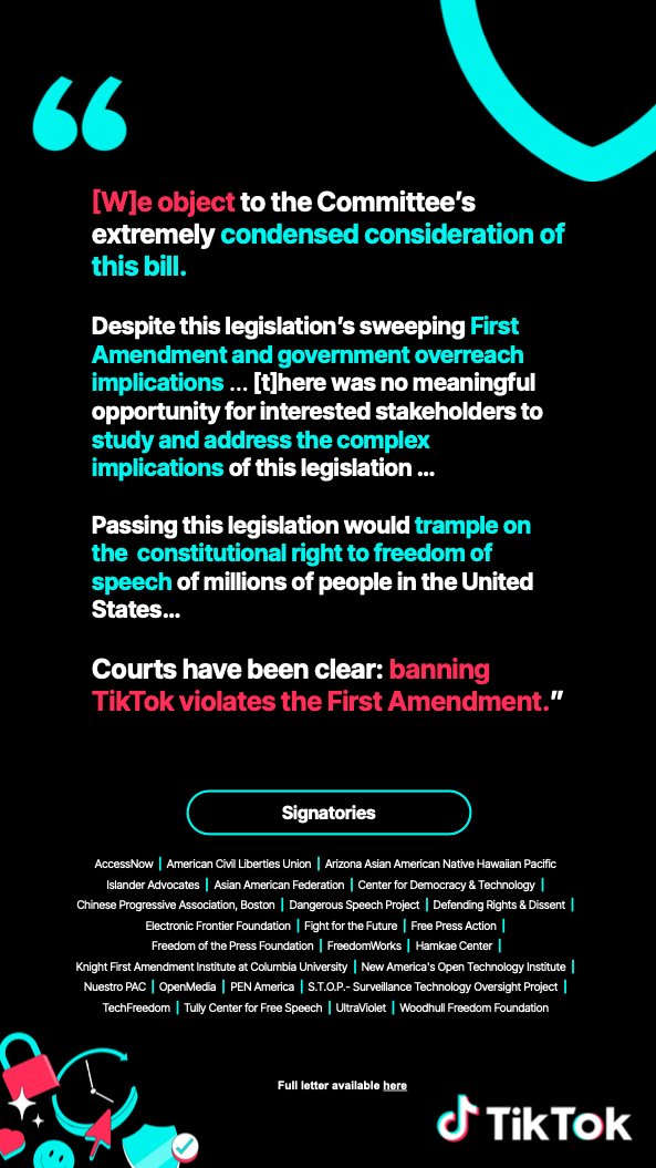 A TikTok ban violates the First Amendment, but don’t take our word for it. Read their full letter here: knightcolumbia.org/documents/2fvc… @accessnow, @ACLU, @aapifund, @AAFederation, @CenDemTech, @CPAJustice, @dangerousspeech, @RightsDissent, @EFF, @fightfortheftr, @freepressaction,…