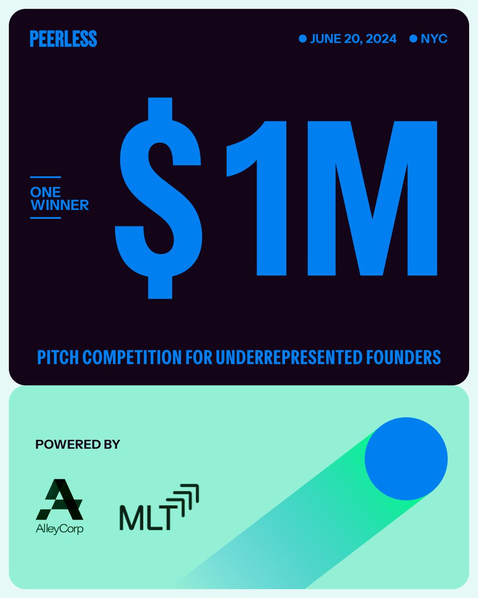 Announcing PEERLESS: A $1M pitch competition supporting visionary Latine, Black, Native American, & Female founders of early-stage companies. Powered by @alley_corp & Management Leadership For Tomorrow. If you fit the bill, apply now: peerlesspitch.com