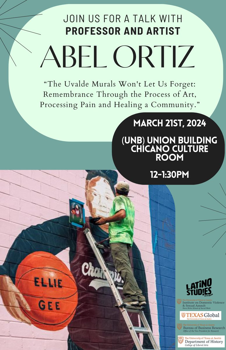 So glad to be co-hosting a wonderful (and public) presentation by Uvalde muralist Abel Ortiz, about community healing, art, and restorative justice. <a href="/UT_IDVSA/">IDVSA</a> <a href="/IC2Institute/">IC² Institute</a>