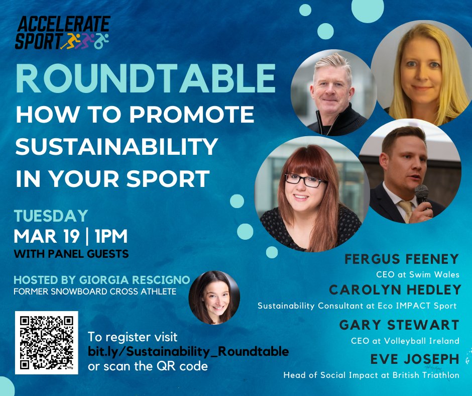 Accelerate Sport are hosting a roundtable discussion - How to promote Sustainability in your Sport - tomorrow Mar 19th at 1pm. 

To join EcoIMPACT Sports, Swim Wales, Volleyball Ireland and British Triathlon Federation go to: bit.ly/Sustainability…