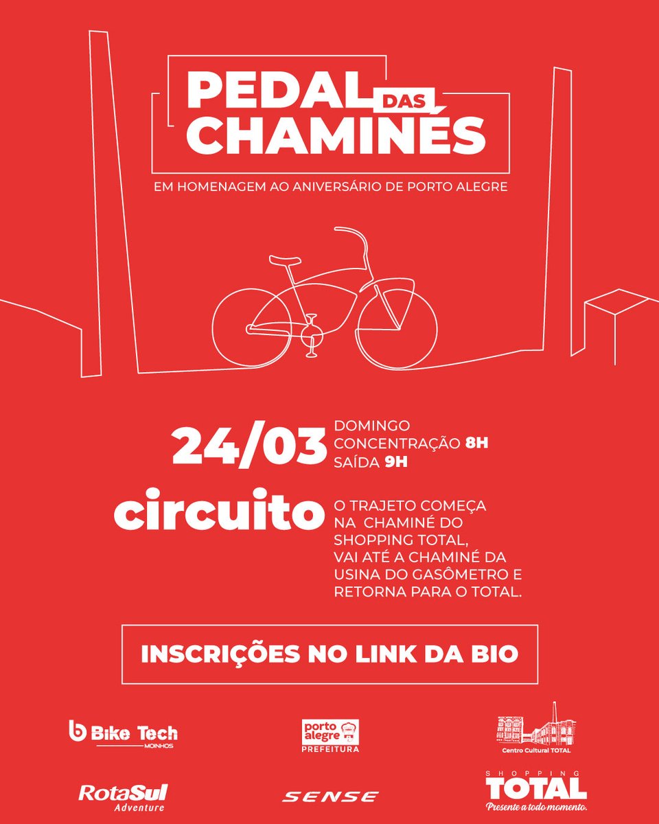 shopping_total's tweet photo. Participe do Pedal das Chaminés!

Domingo, dia 24/03, acontece o tradicional passeio de bicicleta da chaminé do TOTAL até a chaminé do Gasômetro e retorna ao Shopping. A concentração será às 8h no TOTAL e terá a saída às 9h em frente a Loja Bike Tech Moinhos no Largo Cultural. https://t.co/40BMwXUuTe