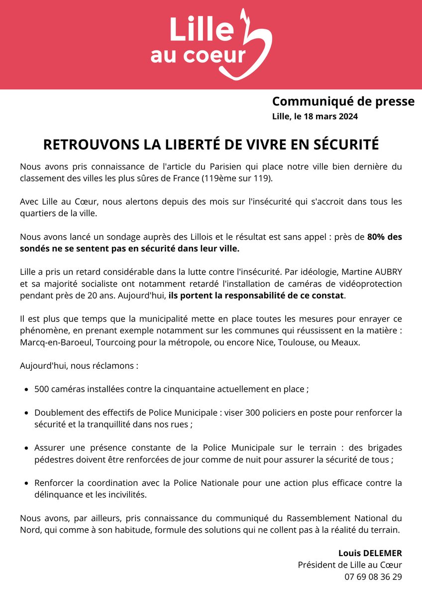 #Lille placée 1ère des villes les moins sûres de France : Retrouvons la liberté de vivre en sécurité ! #LilleAuCoeur #Sécurité Retrouvez notre communiqué ⤵️