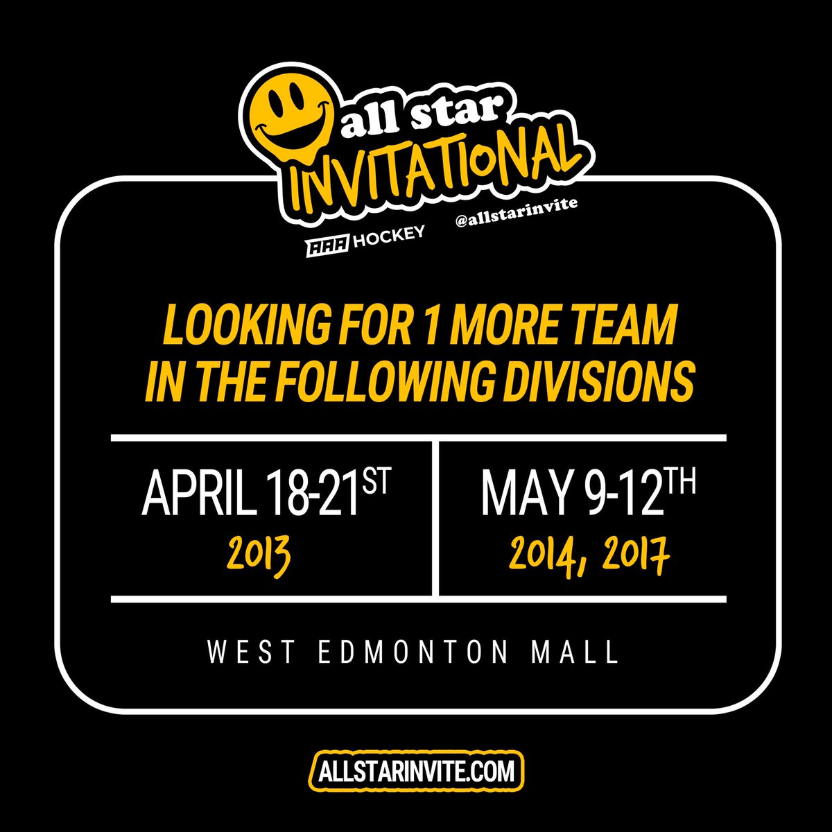 Looking for 1 more team in these 3 divisions! 
..
#SpringHockey #AllStarInvite #aaahockey #AAhockey #girlshockey #hockeykid #hockeytournament
