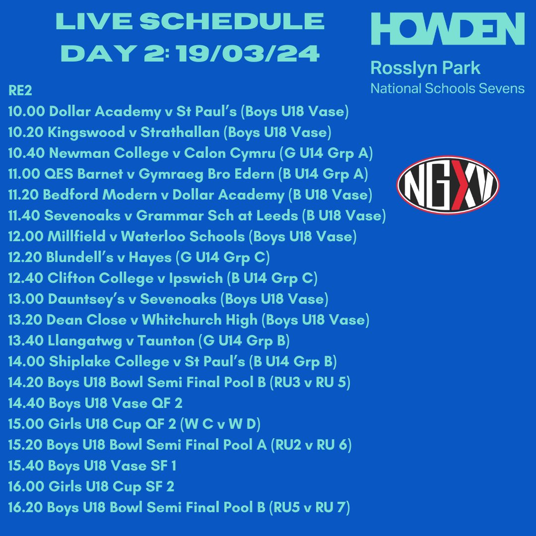 Today's Howden Rosslyn Park National Schools 7s Live Stream Schedule! Once again it's @byrnesydrama and @DRoj on RE1 and @jackzorab24 and Wilf Kemsley on RE2 at the @RPNS7s Big day ahead! #RPNS7s #School7s