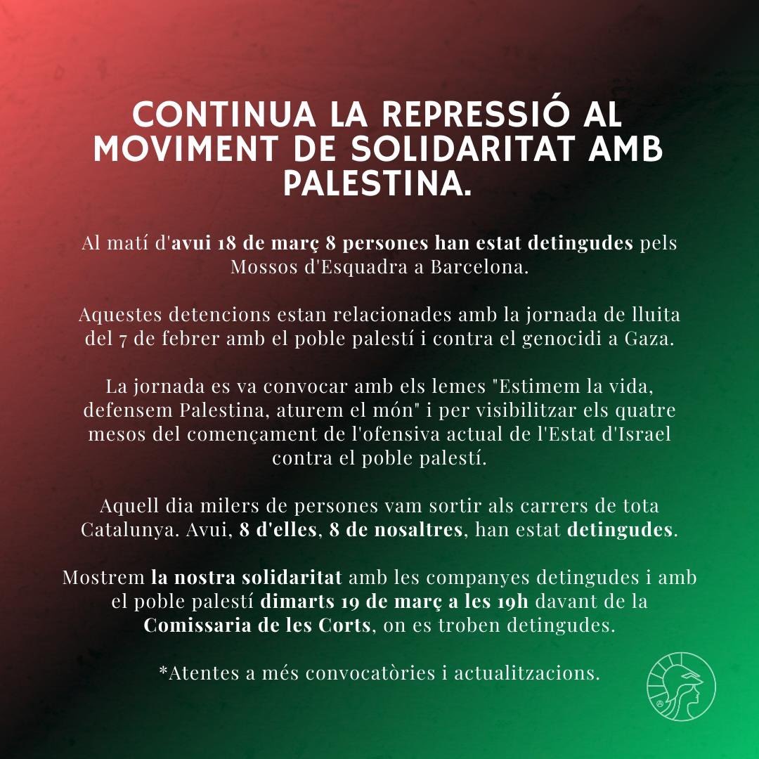 proucomplicitat's tweet photo. ‼️ Demà serem a les 19h davant de la Comissaria de les Corts. 

📢 El #7F milers de persones vam sortir al carrer sota la demanda del poble palestí: si no s'aturava el genocidi a la Franja de Gaza, nosaltres aturàvem el món. 

Tot el nostre suport a les 8 persones detingudes. https://t.co/ilO0f7Prnb