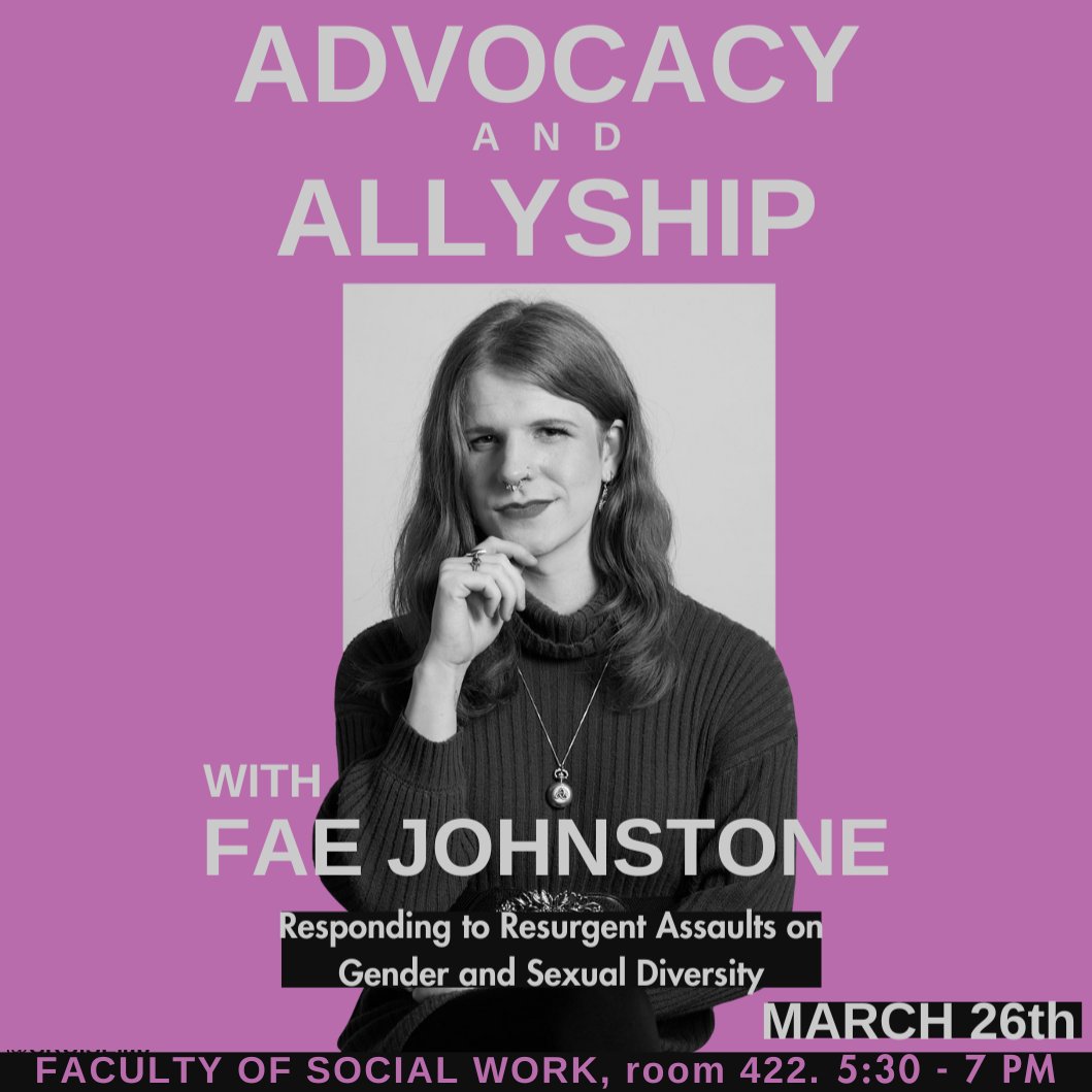 Come out to the Faculty of Social Work OR join virtually  for a presentation by Fae Johnstone, MSW!

TIME: March 26th at 5:30 PM
LOCATION: Faculty of Social Work, Room 422

The event will be hybrid! Register at the link below to join virtually!

utoronto.zoom.us/meeting/regist…