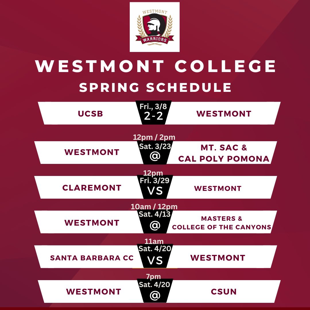 Come see us play this Spring!  <a href="/Westmont/">Westmont College</a> <a href="/WestmontSports/">Westmont College Athletics</a>