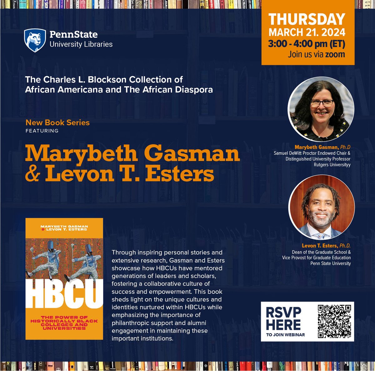 Penn State Special Collections (@psu_scl) on Twitter photo Join us Thursday for The Blockson Collection new book series with co-authors <a href="/marybethgasman/">Marybeth Gasman</a> + <a href="/Levon_Esters/">Levon Esters</a> and moderator <a href="/Keisha_Oliver/">Keisha Oliver</a> on identity and empowerment in #HBCUs #BookTalk Join us Thursday for The Blockson Collection new book series with co-authors <a href="/marybethgasman/">Marybeth Gasman</a> + <a href="/Levon_Esters/">Levon Esters</a> and moderator <a href="/Keisha_Oliver/">Keisha Oliver</a> on identity and empowerment in #HBCUs #BookTalk