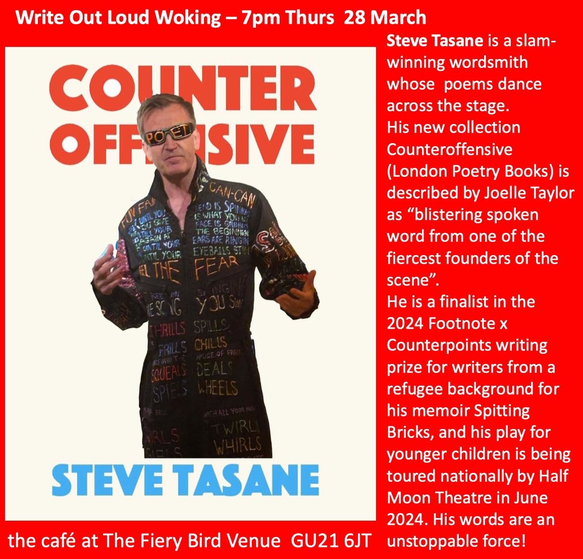 🎉🎉Looking forward to next Thursday 28th March when we’ll be welcoming the wonderful Steve Tasane to @WOLPoetry #woking at the at @FieryBirdVenue 🎉🎉 Earlier this year he was featured by our treasured celebrity interviewer @HeatherMoulson heathermoulsonpoet.com/2024/01/06/int… 🎤🎤