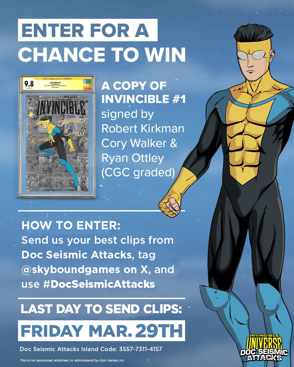 Share your best clips from #DocSeismicAttacks to enter for a chance to win Invincible #1 signed by <a href="/RobertKirkman/">Robert Kirkman</a>, Cory Walker, and <a href="/RyanOttley/">RYAN OTTLEY</a>! 

Enter Fortnite Island Code 3557-7311-4157 to start playing