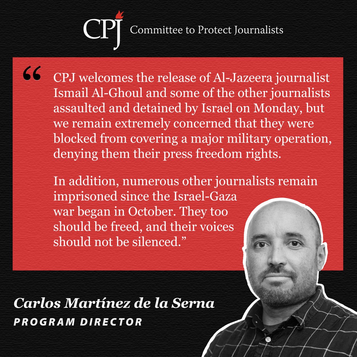 CPJ welcomes the release of Al-Jazeera journalist Ismail Al-Ghoul and some of the other journalists assaulted and detained by Israel on Monday, but we remain extremely concerned that they were blocked from covering a major military operation, denying them their press freedom…