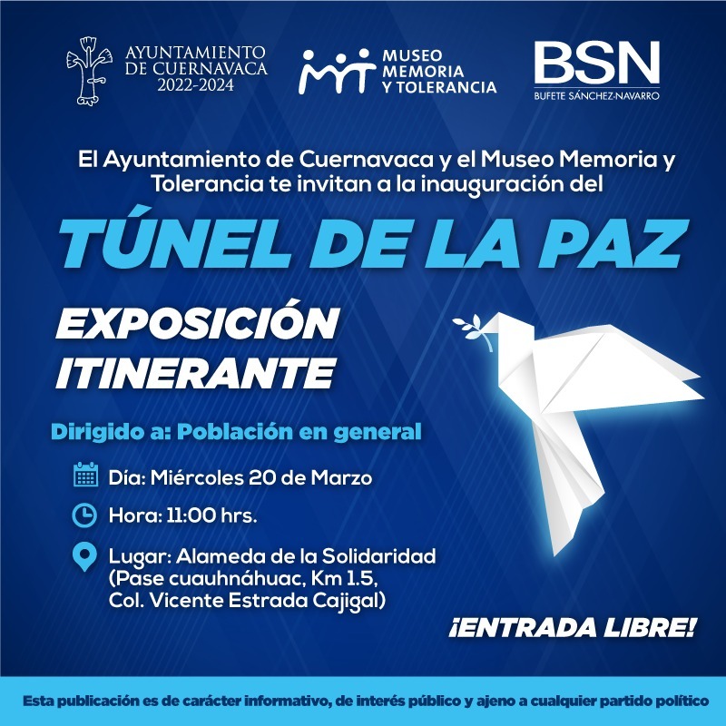#Cuernavaca será sede del proyecto integral “Túnel de Paz”, iniciativa del @MuseoMyT La exhibición itinerante estará situada en el Parque Alameda Solidaridad. 🔵facebook.com/RadioFormulaMo… @perezhabib #AbriendoLaConversación