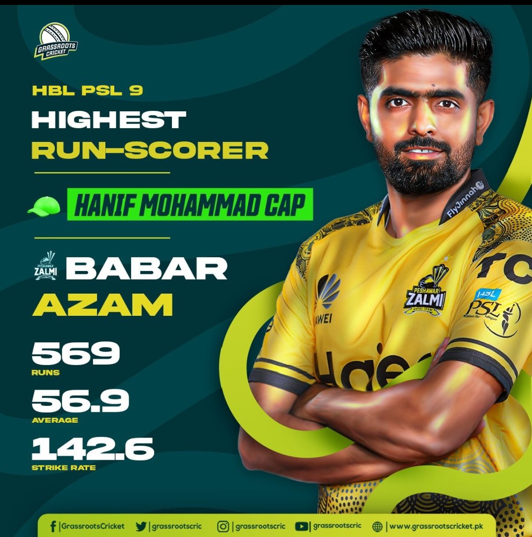 ⭐ 569 runs ⭐ 56.9 average ⭐ 142.6 strike rate ⭐ 1 hundred ⭐ 111* best ⭐ 63 fours ⭐ 12 sixes ⭐ 5 fifties Hanif Muhammad cap owner best batter of the tournament mister one and only King Babar Azam.👑🔥❤ #BabarAzam𓃵 #HBLPSLFinal #PSL2024