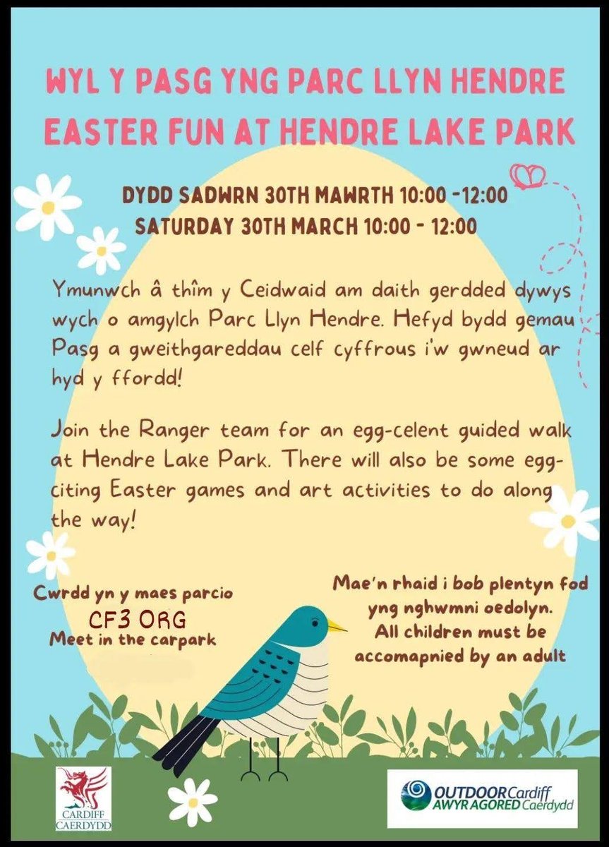 Easter Fun event at Hendre Lake on Saturday 30th March with the Park Ranger team, 10am-12pm. A guided walk with games and art activities to do along the way 🌸🦋🐤 St Mellons Trowbridge Cardiff Hendre Lakes