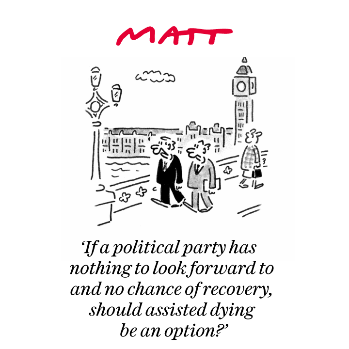 'If a political party has nothing to look forward to and no chance of recovery, should assisted dying be an option?' My latest cartoon for tomorrow's @Telegraph Buy a print of my cartoons at telegraph.co.uk/mattprints Original artwork from chrisbeetles.com