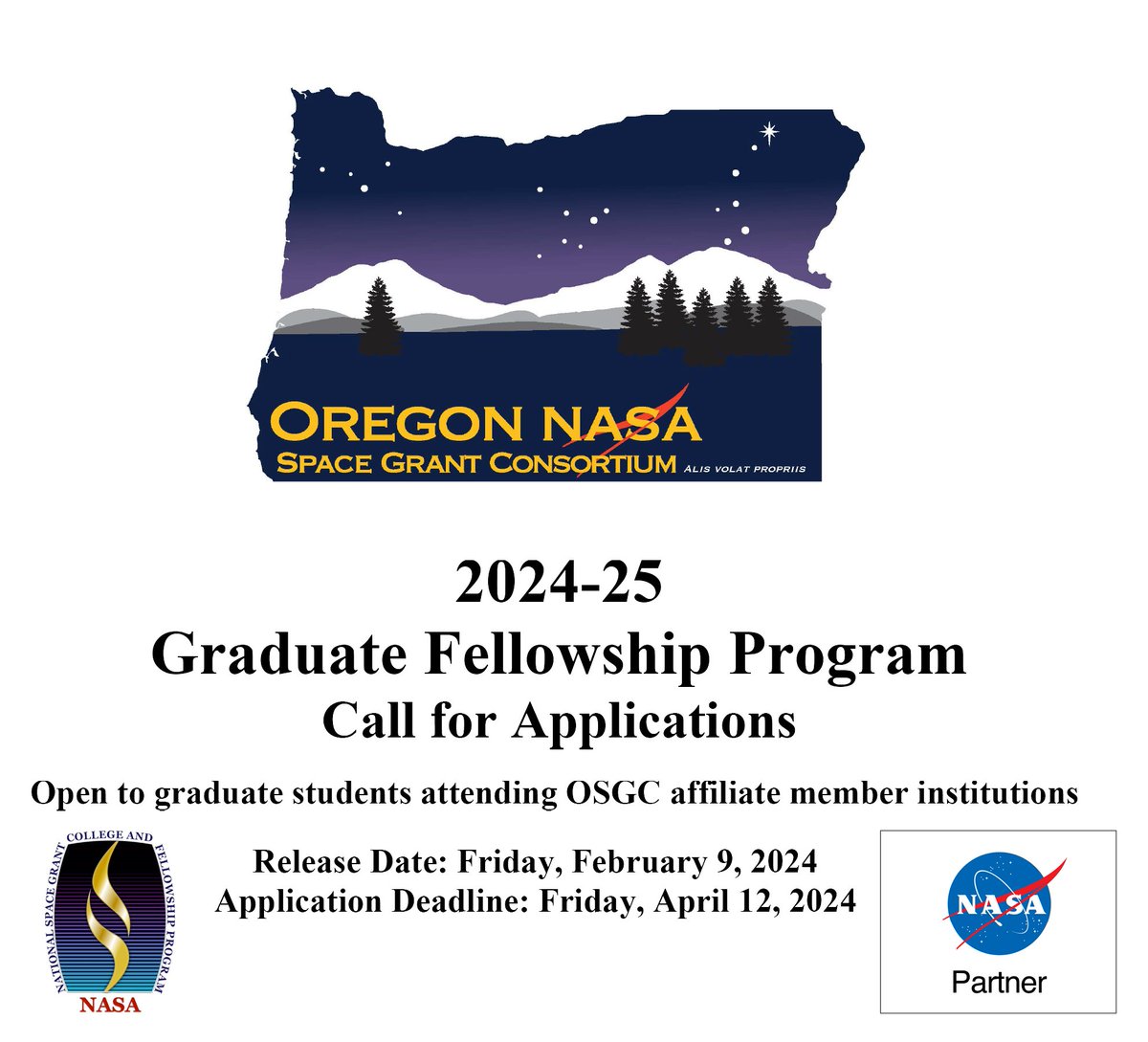 Fellowship program details are on the OSGC website: spacegrant.oregonstate.edu/graduate-fello…, as is the 2024-2025 program guide which contains detailed information regarding deadlines, eligibility, requirements, and the online application process. Applications are due Friday, April 12, 2024.