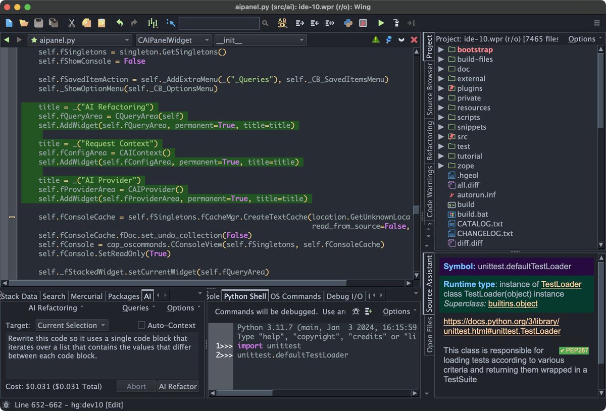 pythonide's tweet image. Wing Python IDE 10.0.3 has been released with more control over AI request context, keyboard navigability fixes, better Diff/Merge for directories and files, and many other improvements: wingware.com/news/2024-03-14 #python #pythonlanguage #AIDevelopment