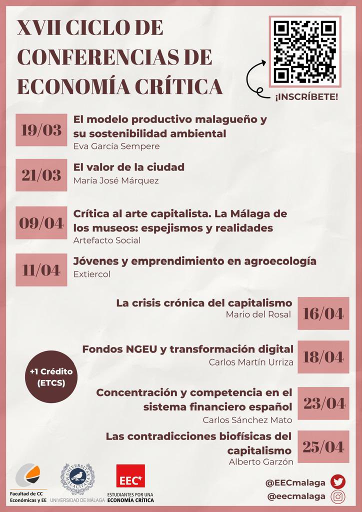 EECMalaga's tweet photo. ¡Iniciamos mañana el XVII Ciclo de Conferencias! 

Nos vemos este martes 19 de marzo en el Salón de Grados con la primera conferencia de @EvaGSempere para abordar el modelo productivo malagueño y su sostenibilidad ambiental. 

⏰ 12:00
📅 19/03
📍 @economicasUMA. https://t.co/2zjBfqn9Ze