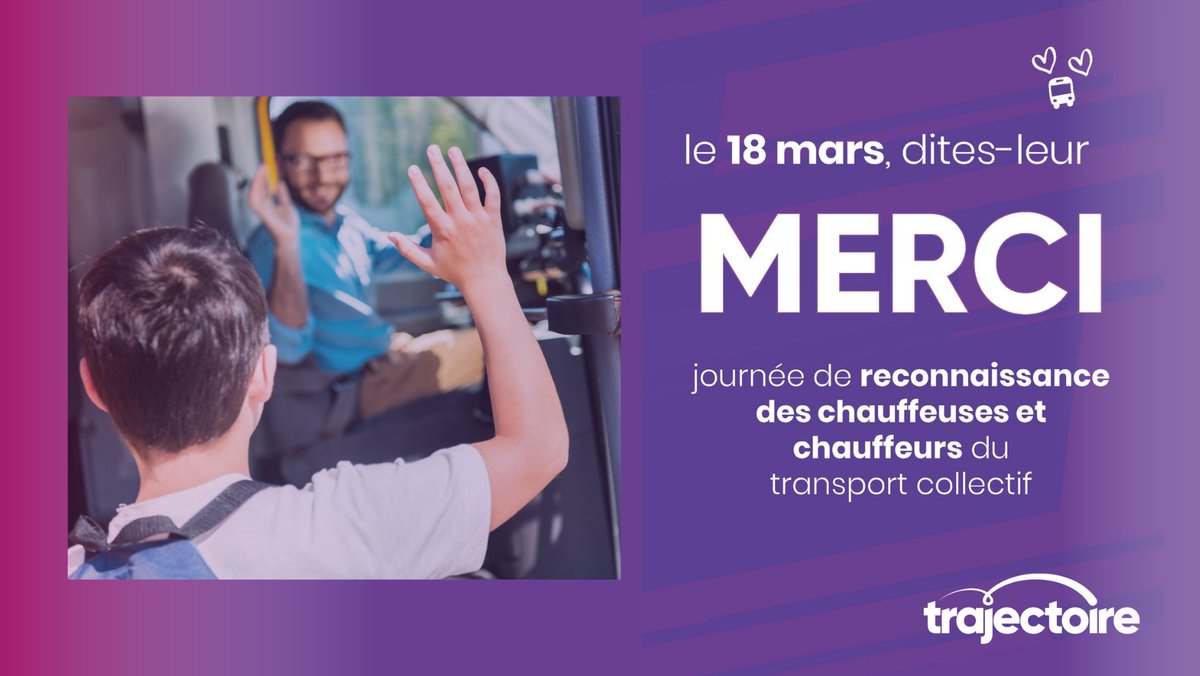 TrajectoireQc's tweet photo. Le 18 mars est la Journée de reconnaissance des chauffeuses et des chauffeurs du transport collectif.
Trajectoire Québec vous invite à leur dire « Merci! ». #MerciTransportCollectif #prioriteTC https://t.co/irRWKMVYCV