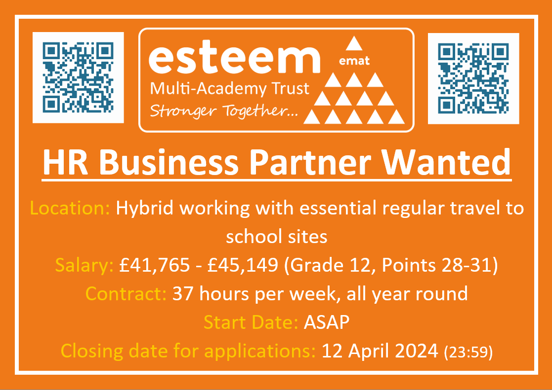 OPPORTUNITY: HR Business Partner
To apply/for more info; esteemmat.co.uk/vacancies

#EducationJobs #derbyshire #DerbyshireJobs #StaffordshireJobs #staffordshire #DerbyJobs #derby #nottinghamshire #NottinghamshireJobs #jobvacancyuk #hiringnow #esteemmatjobs