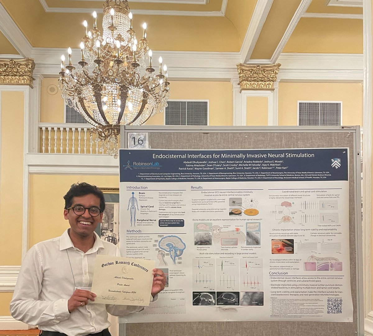 Jacob Robinson (@jtrobinsonlab) on Twitter photo Congrats to Abdeali Dhuliyawalla for winning the best poster award at the Neuralelectronic GRC 🤩! Making us proud!
Collaborative work with smarties <a href="/PeterKa80460001/">Peter Kan</a>, <a href="/SameerShethMD/">Sameer Sheth</a>, <a href="/SunilAShethMD/">Sunil Sheth, MD</a> & star alumnus <a href="/joshclchen/">Josh Chen</a>
(cropped to keep that sweet chandelier! 🎩) Congrats to Abdeali Dhuliyawalla for winning the best poster award at the Neuralelectronic GRC 🤩! Making us proud!
Collaborative work with smarties <a href="/PeterKa80460001/">Peter Kan</a>, <a href="/SameerShethMD/">Sameer Sheth</a>, <a href="/SunilAShethMD/">Sunil Sheth, MD</a> & star alumnus <a href="/joshclchen/">Josh Chen</a>
(cropped to keep that sweet chandelier! 🎩)