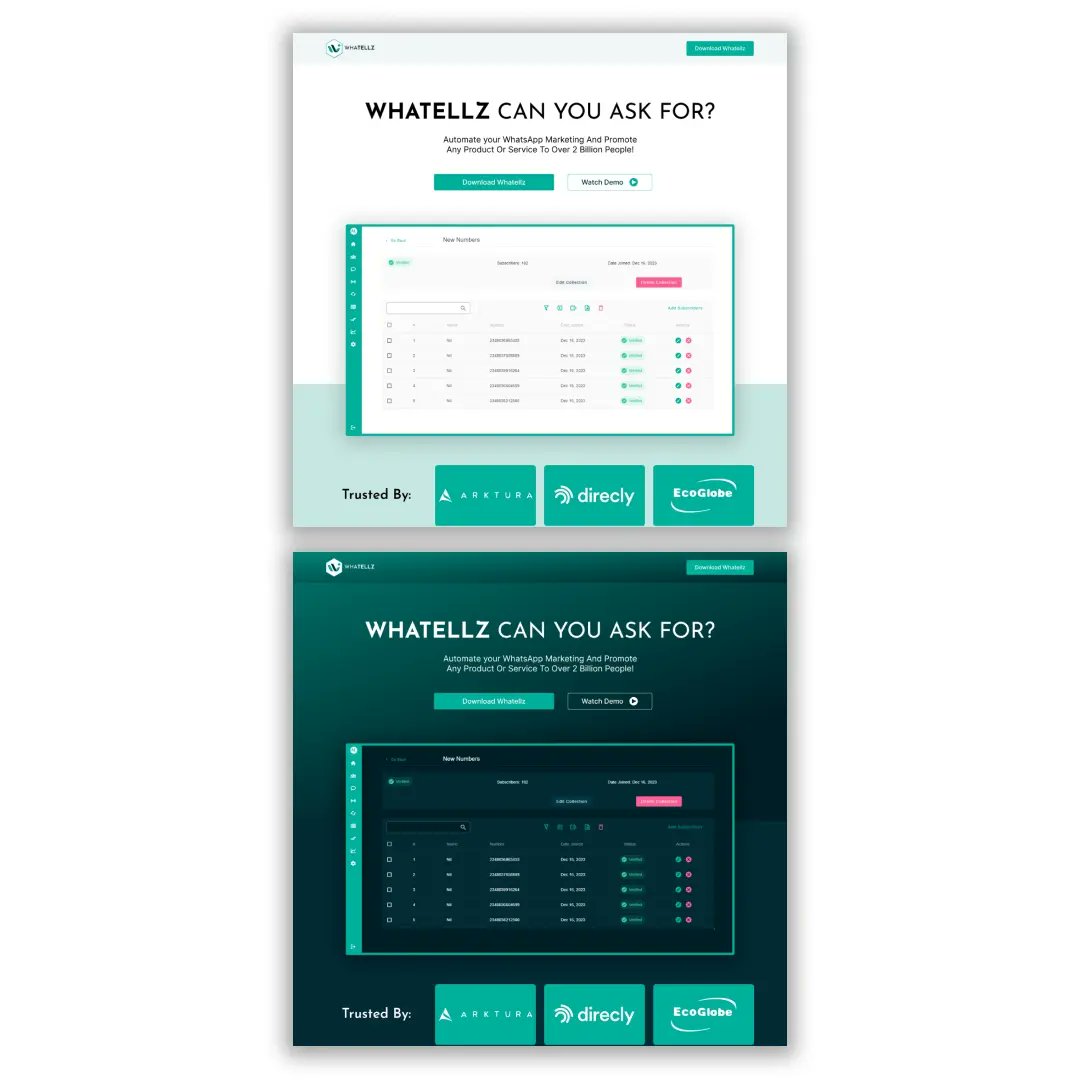 bamsthetics's tweet photo. Which do you prefer, light or dark mode?
Swipe ➡️
Simple Saas landing page for Whatellz
@bamsthetics
#webdesigners #websdesign #productdesigner #landingpage #landingpagedesign #figmadesign #bamsthetics #lightmode #darkmode #webapp #marketingapp #whatsappmarketing #uiuxdesign https://t.co/jJhXhLC2Wo