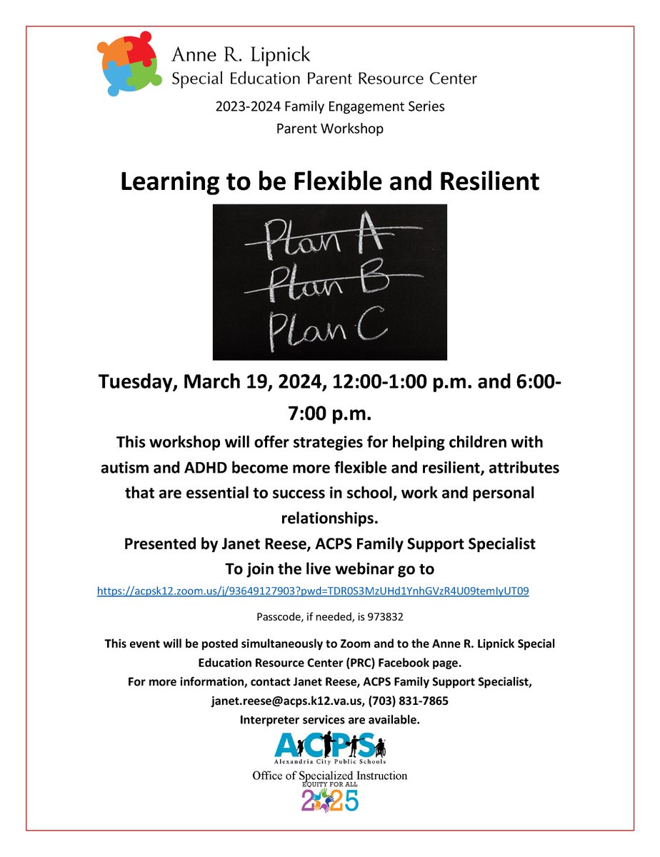 ACPSk12PRC's tweet photo. Reminder that @ACPSk12PRC will be hosting our next #Parentworkshop "Learning to Be Flexible and Resilient" tomorrow, Tuesday, March 19th.  Two times to attend:  12-1pm OR 6-7pm.  Workshop will have multiple languages interpretation available. https://t.co/PbNqYRayi4