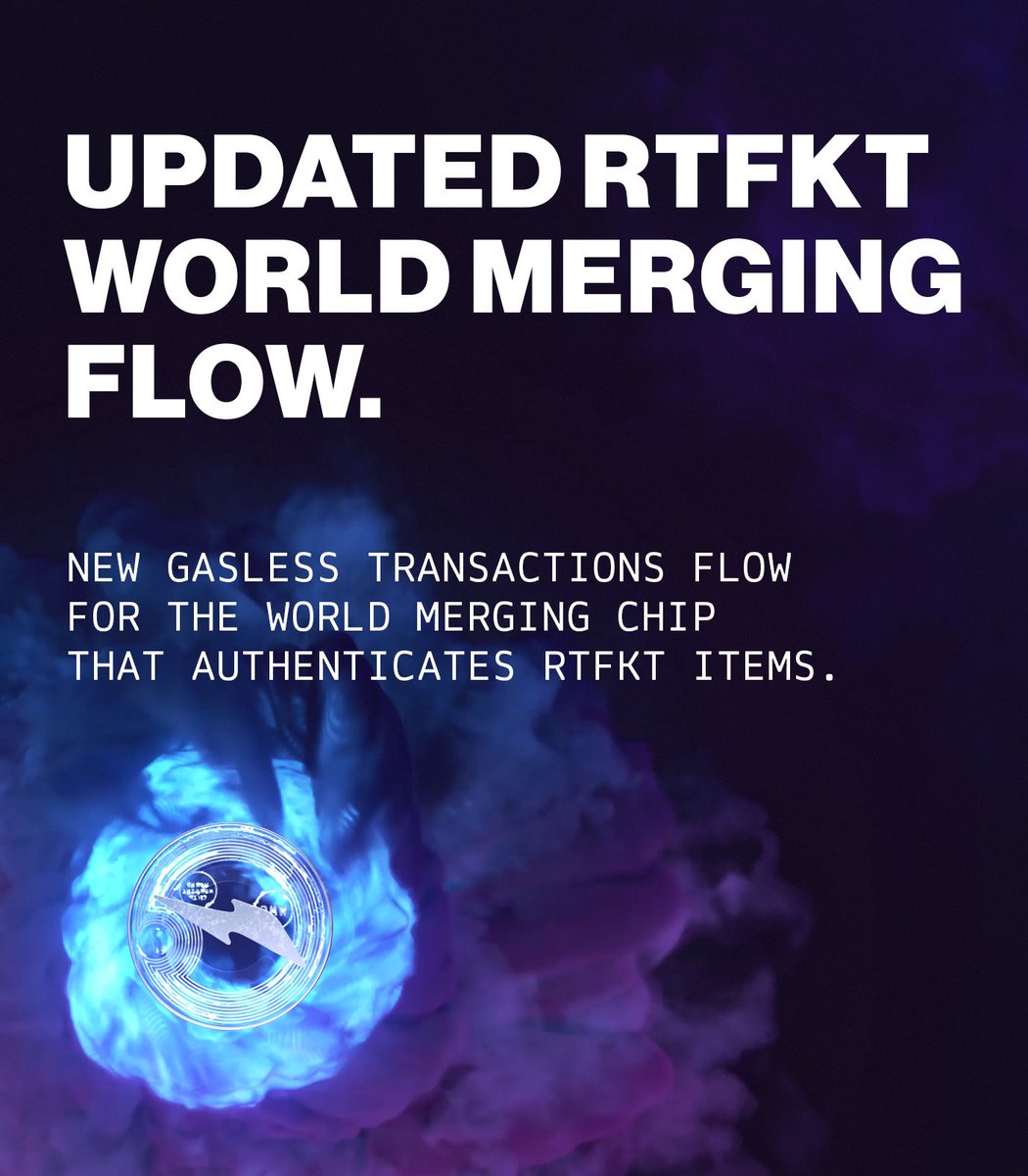 RTFKT's tweet photo. We've updated our WM NFC/NFT Linking flow to make it gasless. ⛽❌
To learn more: https://t.co/qo7ArlVOgC https://t.co/5HvNMJZOXr