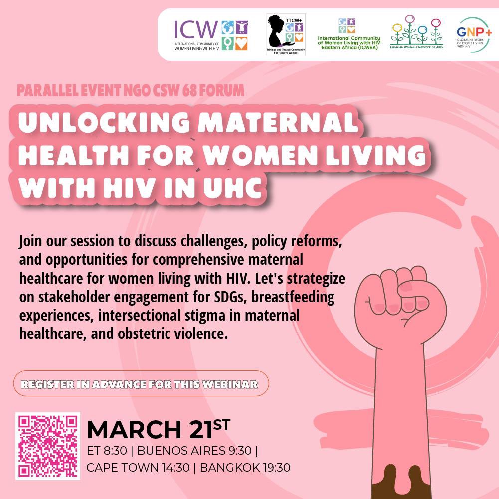 🌍 Join us for a crucial discussion on maternal health for women living with HIV in the context #UHC🚀 with a focus on reproductive rights and autonomy. #CSWParallelEvent #MaternalHealth #UHC #hivawareness Register here👇🏾 us02web.zoom.us/meeting/regist…