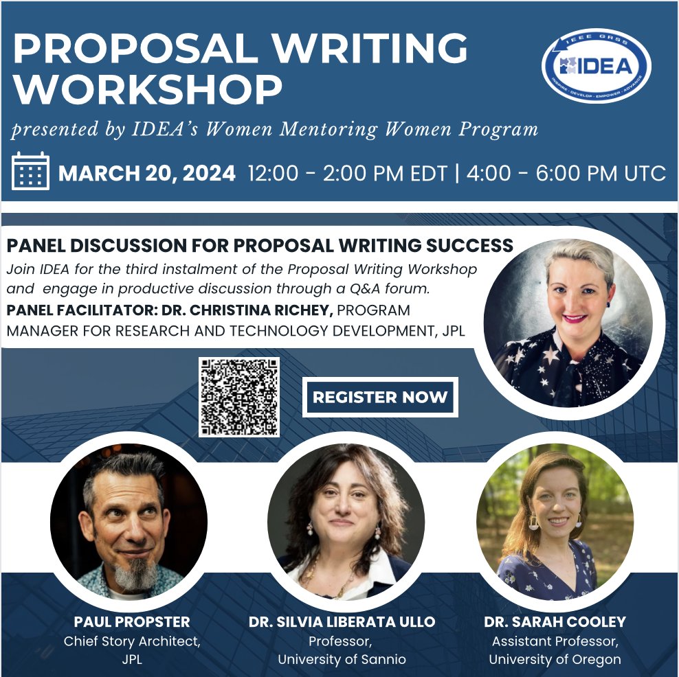 📥Tune in to the final installment of the proposal writing workshop, ending with a panel discussion.

 #ProposalWorkshop #WomeninSTEM #WomeninScience #GRSS #geoscience #remotesensing #Geoscience #EarthObservation #GIS #SpatialData #Geospatial #SatelliteData #EnvironmentalScience