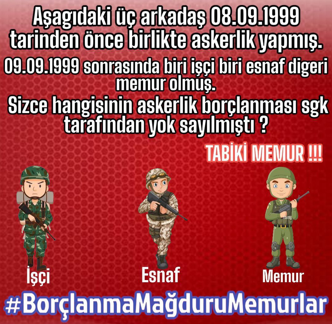 #degermi.Konu ; Asker, polis ve memurların Askerlik Borçlanması olunca SGK,  kanuni dayanağı olmayan genelgeler yazarak, bizim Askerlik borçlanmamızı kabul etmedi.
Vatan hizmeti olan  Askerlikte yapanlar arasında ayrım yapıldı.
#değermi ayrım yapmaya <a href="/tunaoztunc/">Tuna Öztunç</a> bey