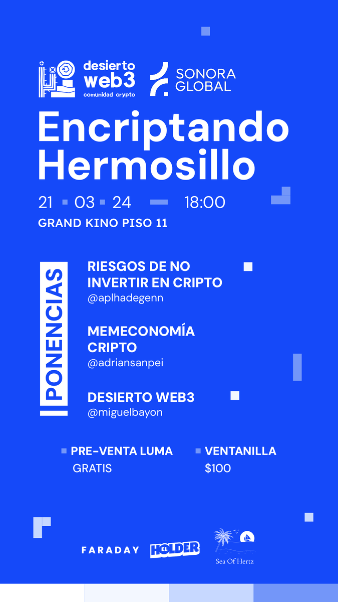 Gm comunidad cripto en Hermosillo.
Este jueves tendremos evento cripto en la ciudad.

"Encriptando Hermosillo" en la torre Grand Kino, piso 11.

Queremos conectar con más comunidad cripto de HMO.

Date la vuelta 🫡