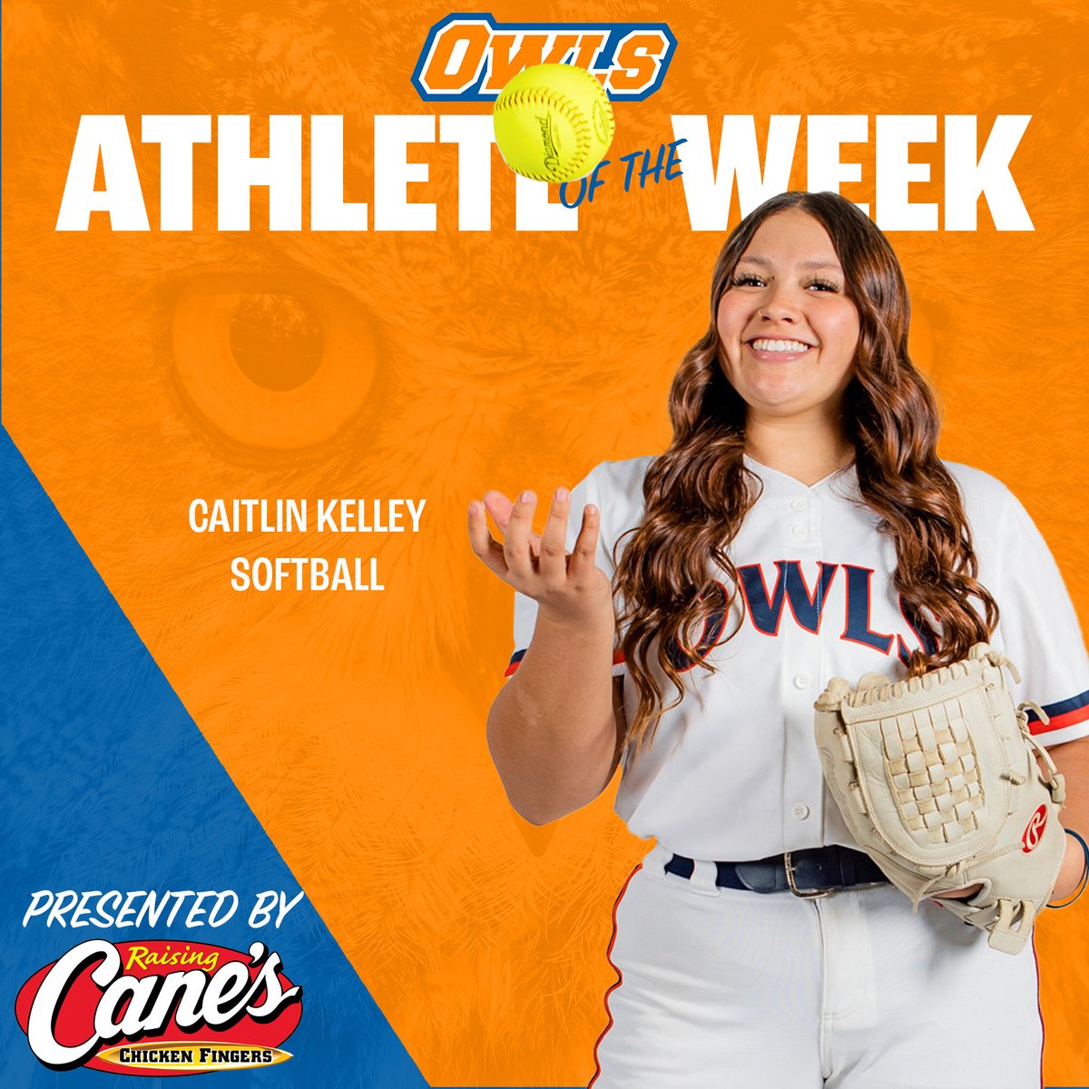🤩 This week's Women's Athlete of the Week, presented by @raisingcanes, is Citrus Softball's Caitlin Kelley! The freshman went 2-for-4 at the plate last week with two RBIs, two runs and one walk. In the circle, she also grabbed two wins and struck out five batters. 🦉 #citrUS